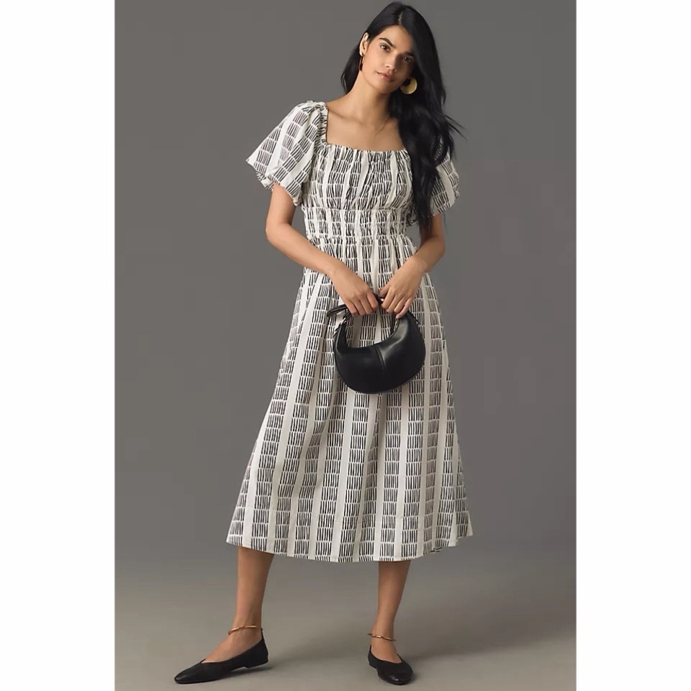 ANTHROPOLOGIE Maeve Puff Sleeve Square Neck Smocked Midi Dress Black White NWT